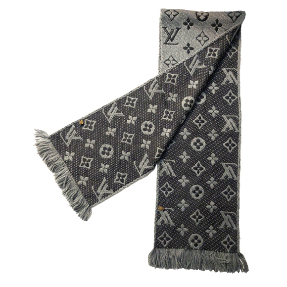 Louis Vuitton LV Monogram Logomania Gray Black Cashmere Silk Scarf Pre-Owned - Picture 7 of 16